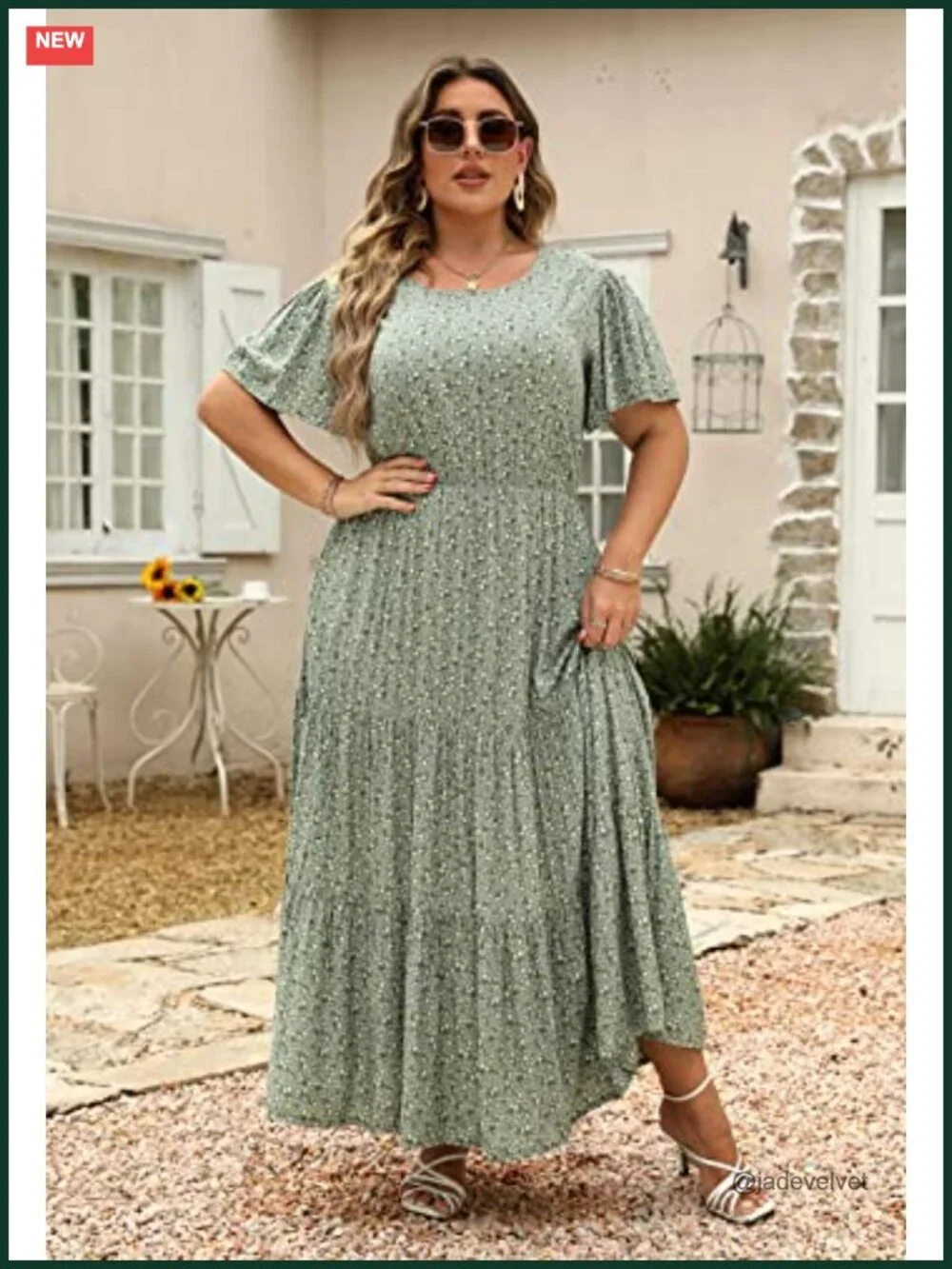 Plus Size Maxi Dress Boho Floral Ruffle Sleeve Pockets Flared